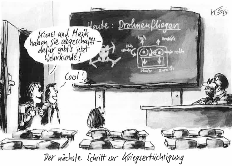 Schwarz-weiße Karikatur: Im Unterricht über Drohnenfliegen freuen sich Schüler über den Ersatz von Kunst und Musik durch Wehrkunde.